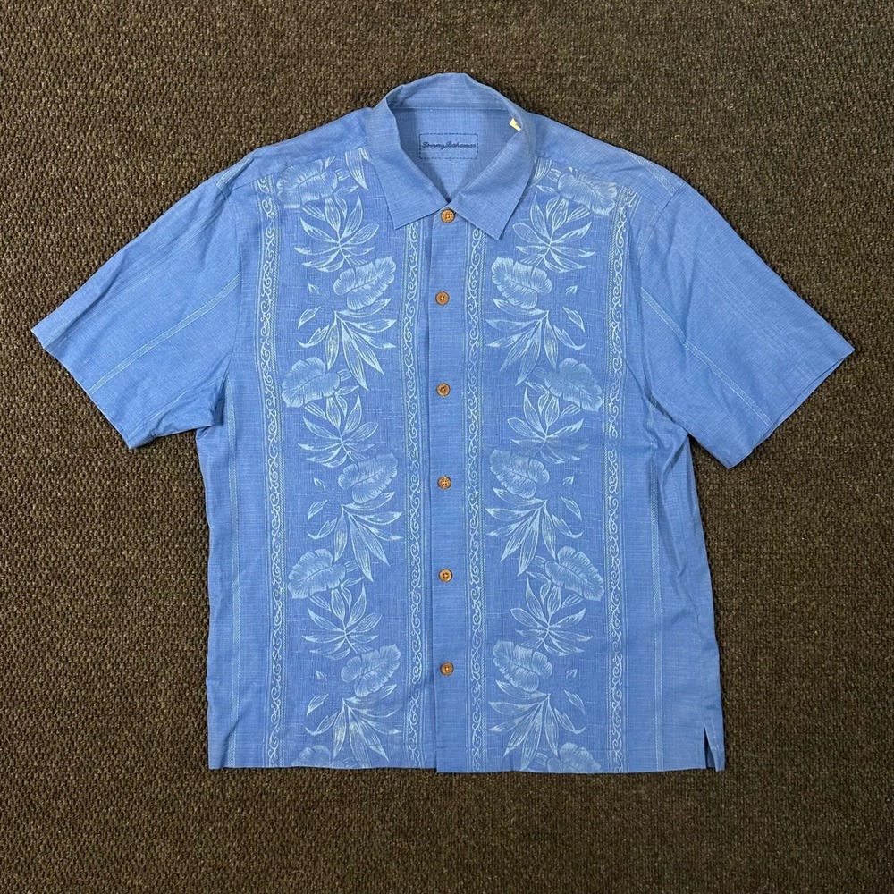 Tommy Bahama Silk Hawaiian Aloha Shirt Men L Blue Tropical Leaf Vacation Resort